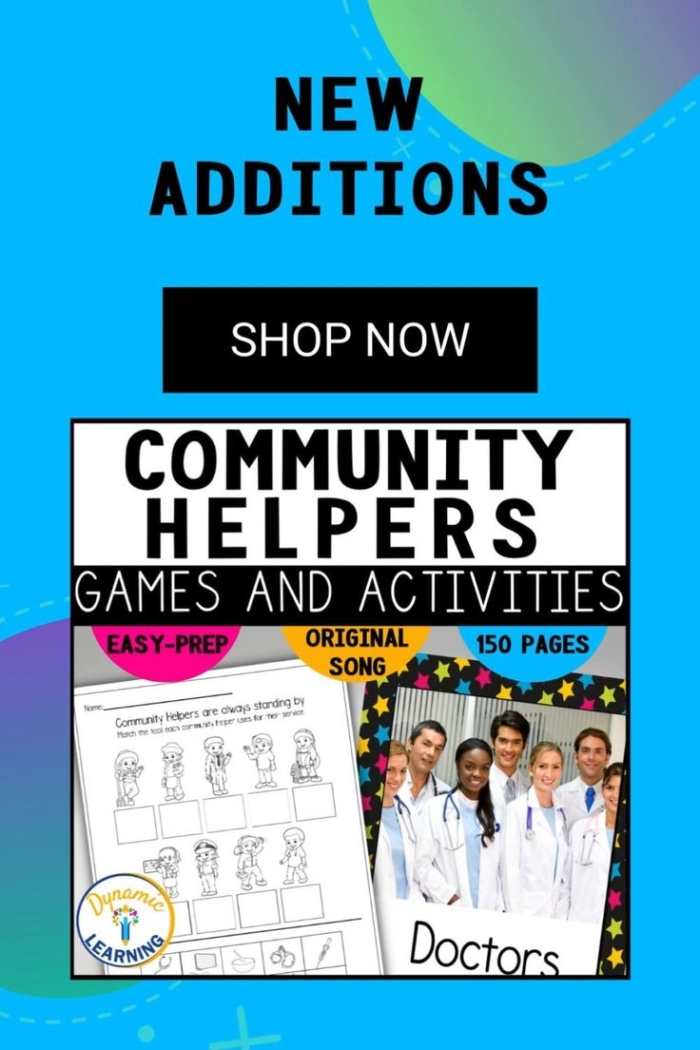 Kindergarten students searching for community helpers and tools in a coloring activity sheet