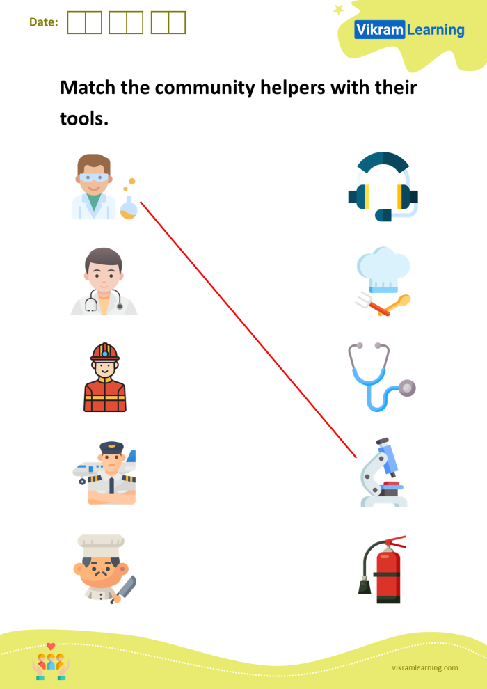 Kindergarten worksheet featuring community helpers for students to identify different service jobs