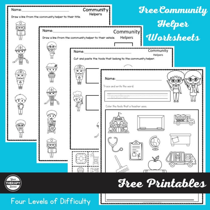 Children's worksheet illustration showing community helpers like firefighters, police officers, and doctors with their tools and equipment hidden throughout a busy scene for students to find and color