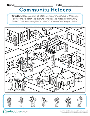 Kindergarten students searching for community helpers and their tools in a colorful picture to identify and color
