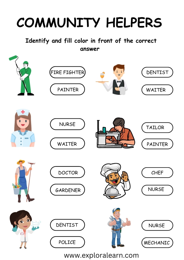 Kindergarten worksheet featuring illustrations of various community helpers for students to identify