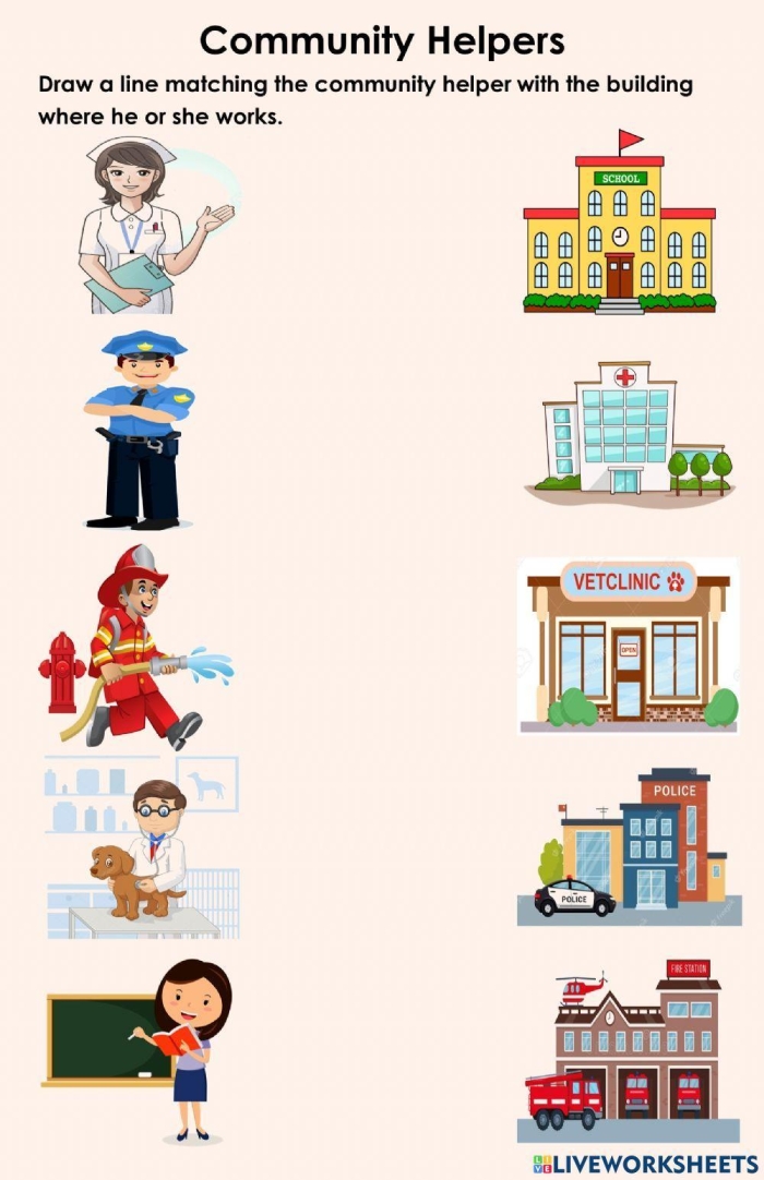 Kindergarten worksheet featuring illustrations of various community helpers for students to identify