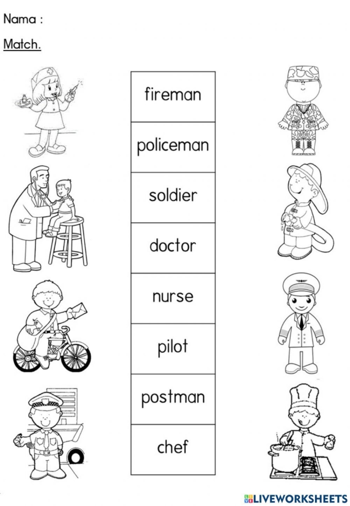 Community Helpers Matching Activity 12 for Beginning Readers Children matching community helper sentences to pictures with word bank for kindergarten reading practice