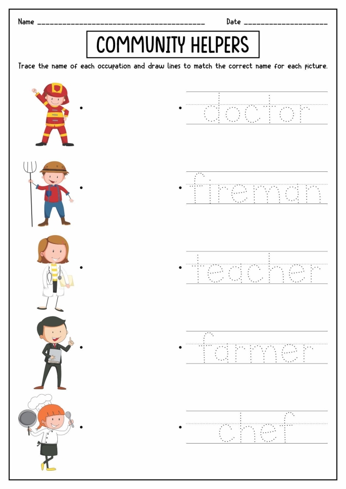 Kindergarten worksheet featuring illustrations of various community helpers for matching and critical thinking