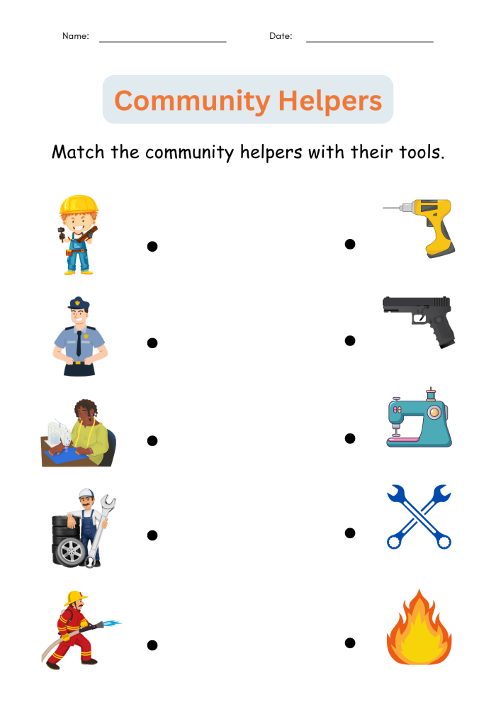 Community helpers worksheet showing vehicles matched to workers for Pre-K students