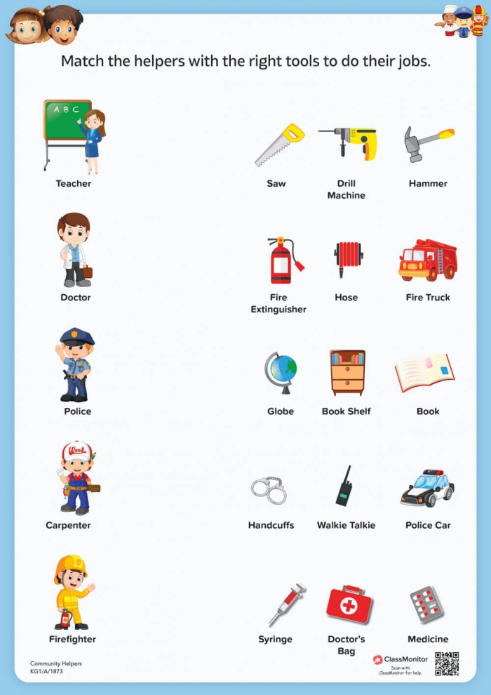 Community Helpers Whos Who Kindergarten Reading Worksheet 7 Kindergarten students use a word bank to label community helper sentences and match them to illustrations on this reading worksheet