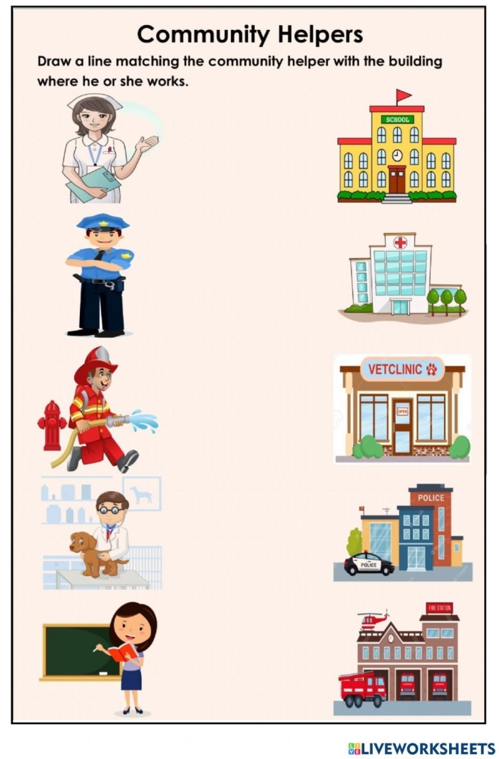 Community helpers worksheet featuring vehicles for Pre-K learners to match with workers