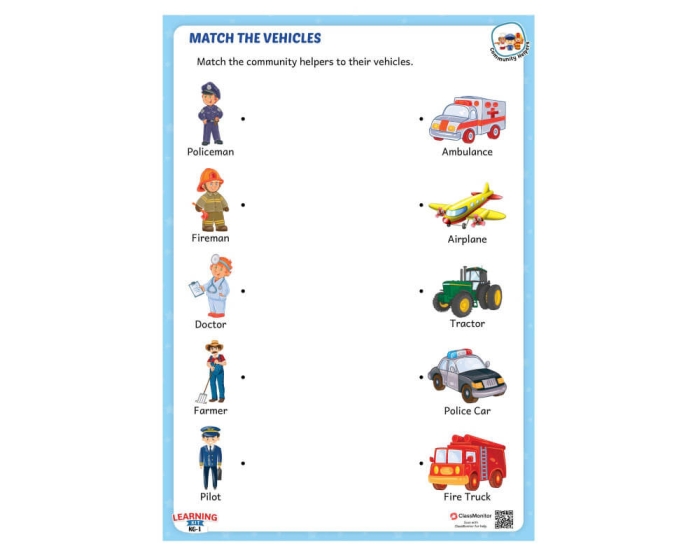 Pre-K worksheet showing four community helpers to be matched with their corresponding work vehicles