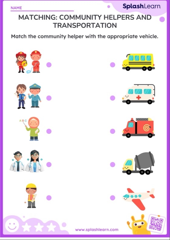 Pre-K worksheet where students draw lines to match four community helpers with their correct vehicles