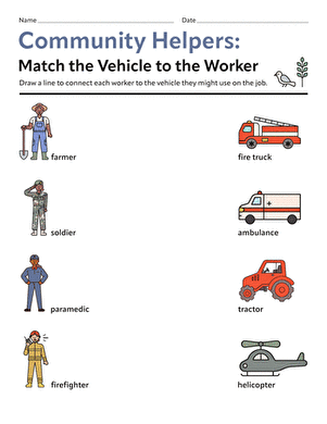 A colorful worksheet featuring community helpers and their corresponding vehicles for young learners. Match the Vehicle to the Worker worksheet for Pre-K students.