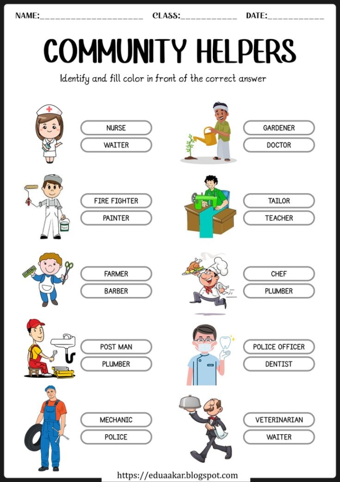 Community helpers worksheet showing vehicles matched to workers for Pre-K learners