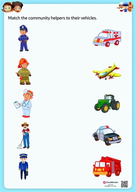 ALT text: Engaging worksheet for Pre-K students matching community helpers with their vehicles.