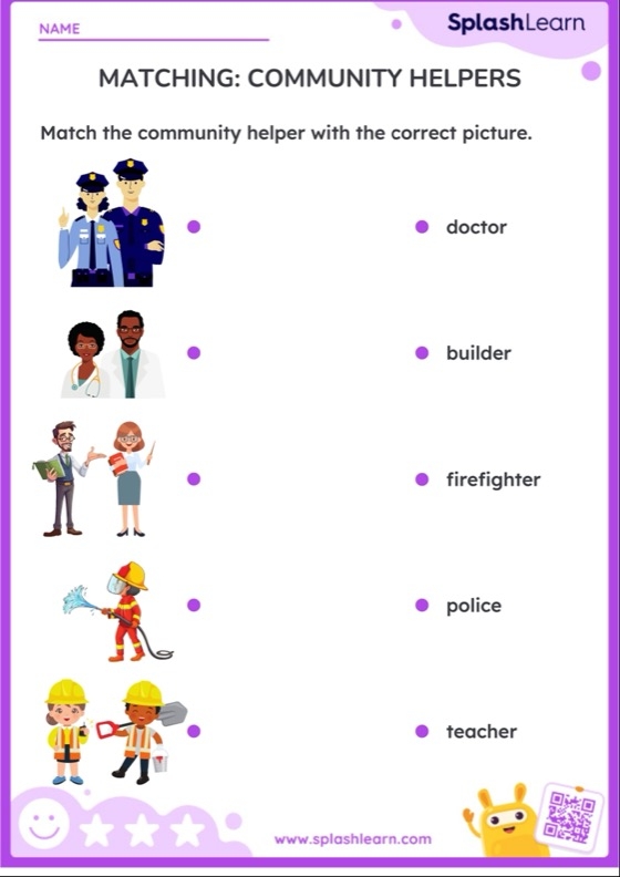ALT text for a worksheet featuring community helpers matching vehicles to workers
