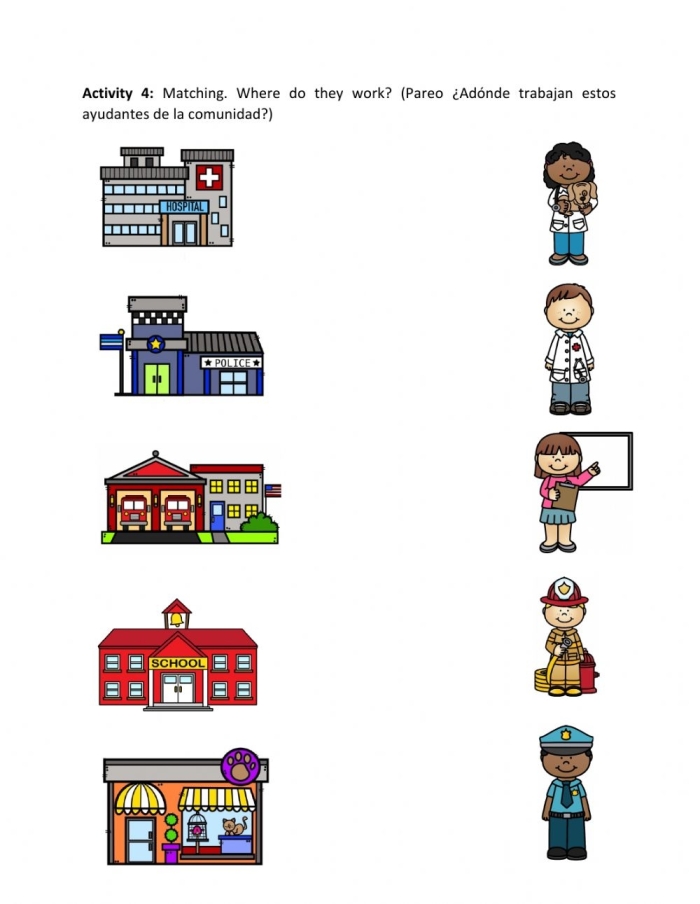 Students matching community helpers with their vehicles in an engaging worksheet