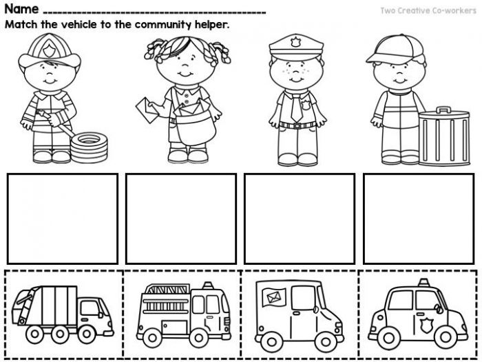 Community helpers worksheet featuring vehicles and workers for preschoolers