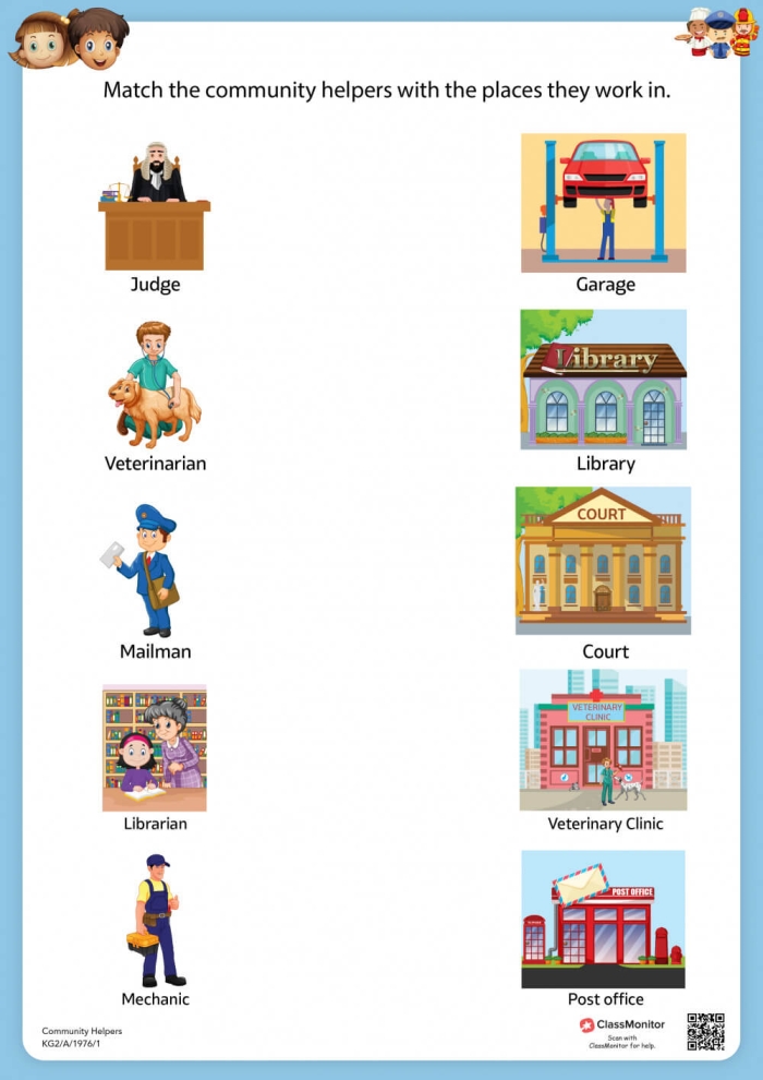 ALT text for a worksheet showing community helpers matching vehicles