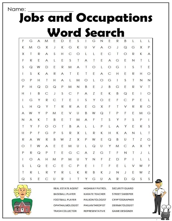 Second grade sight word search worksheet featuring a community helpers and jobs theme
