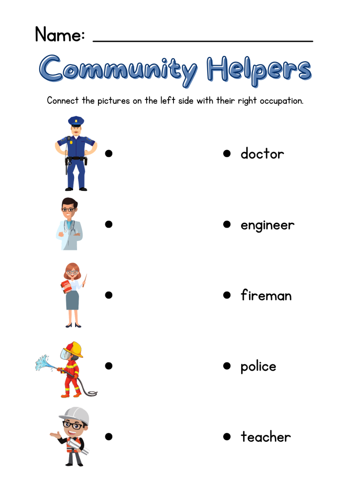 Kindergarten students searching for community helpers and tools in a coloring activity sheet