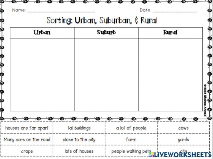 Three Types of Communities Practice Activity for Elementary Learners Second grade students identifying characteristics of rural, urban, and suburban communities on a vocabulary worksheet