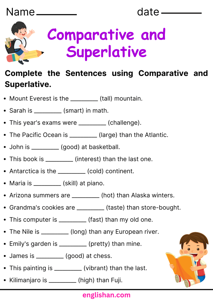 Worksheet featuring adjectives that compare, focusing on comparative and superlative forms for third graders. Educational resource illustrating sentence completion activities for learning irregular and regular adjectives.