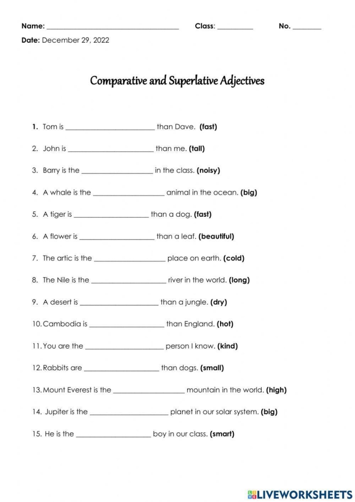Worksheet for third graders focusing on comparative and superlative adjectives with 20 sentences to complete