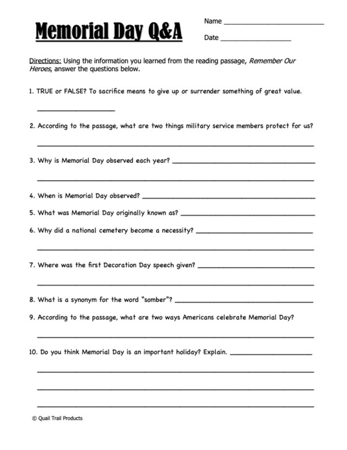 Reading comprehension activity on holiday differences for students Worksheet comparing Memorial Day, Labor Day, and Veterans Day for fourth graders