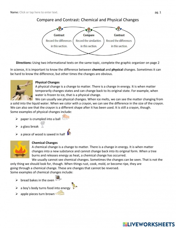 Worksheet illustrating the differences between chemical and physical changes for third graders