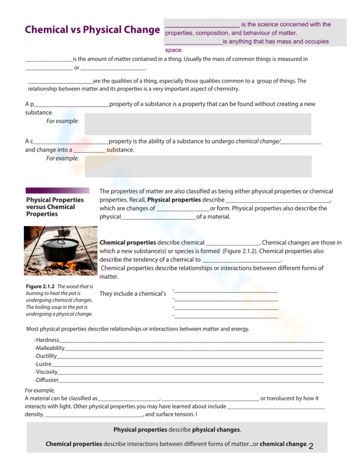 Worksheet illustrating the differences between chemical and physical changes for third graders