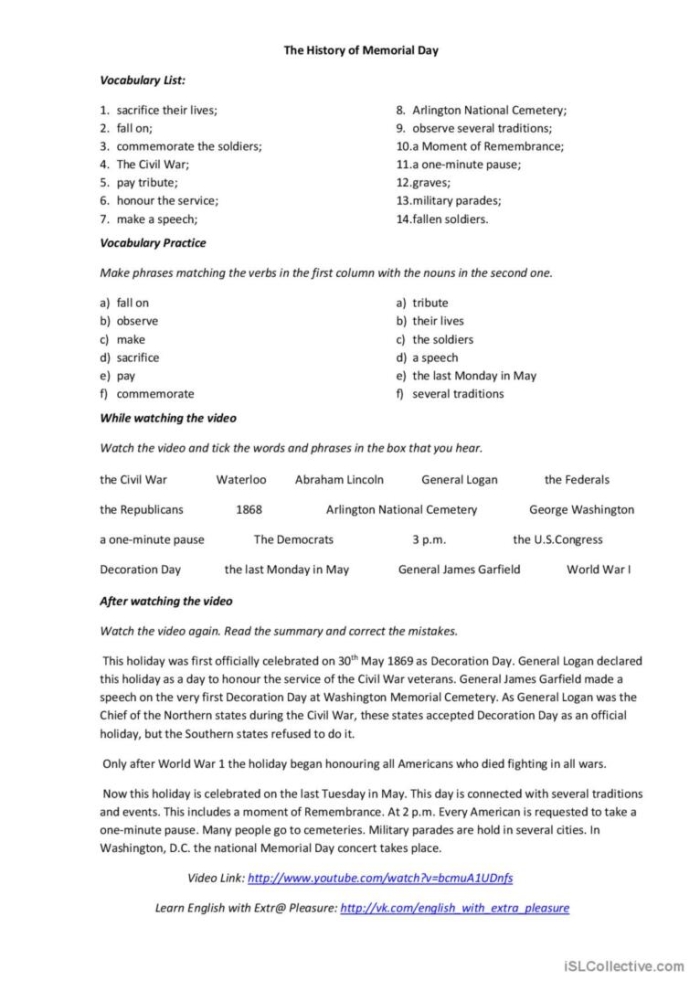 Educational worksheet on Memorial Day, Labor Day, and Veterans Day comparisons Worksheet showing comparisons between Memorial Day, Labor Day, and Veterans Day for fourth graders
