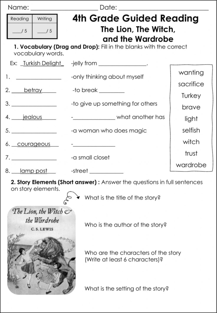 Reading skills practice worksheet for analyzing similarities and differences in The Lion, the Witch and the Wardrobe scenes Sixth grade students comparing and contrasting two scenes from The Lion, the Witch and the Wardrobe using a reading comprehension worksheet