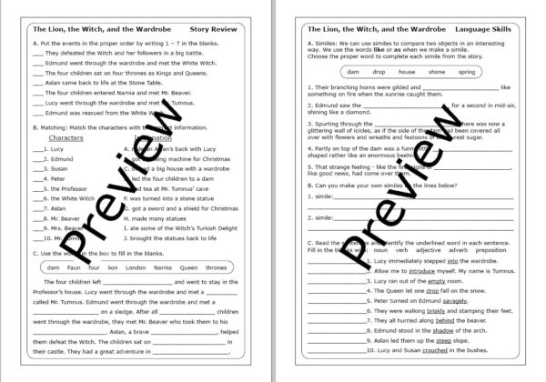 Reading skills practice worksheet showing comparison activities for The Lion the Witch and the Wardrobe text analysis Sixth grade students comparing and contrasting scenes from The Lion the Witch and the Wardrobe using a reading comprehension worksheet
