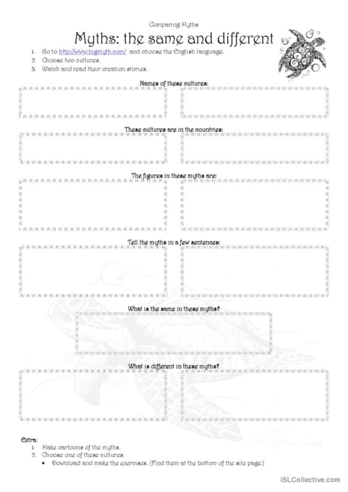 Worksheet image for comparing and contrasting myths from diverse cultures Illustration of a worksheet designed for comparing and contrasting two cultural myths for fifth graders