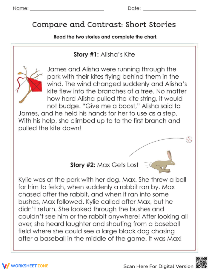 Worksheet for comparing and contrasting two short stories for second graders