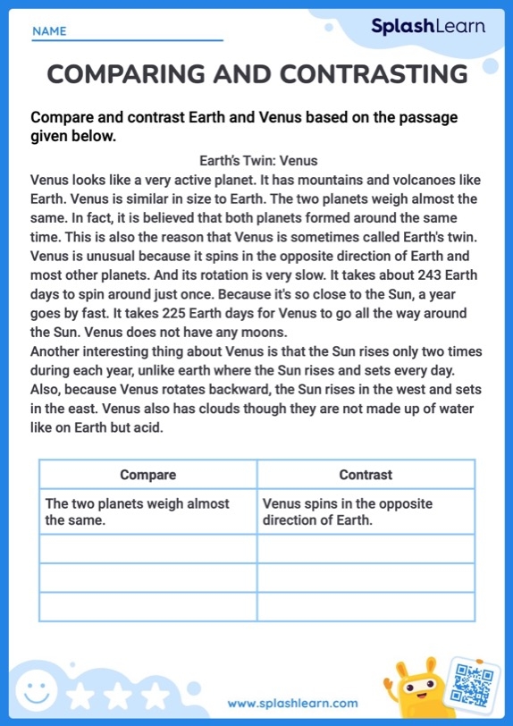 First grade worksheet for comparing and contrasting story characters and settings