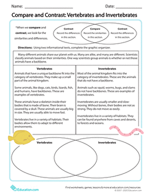 Worksheet featuring a compare and contrast activity on vertebrates and invertebrates for third graders