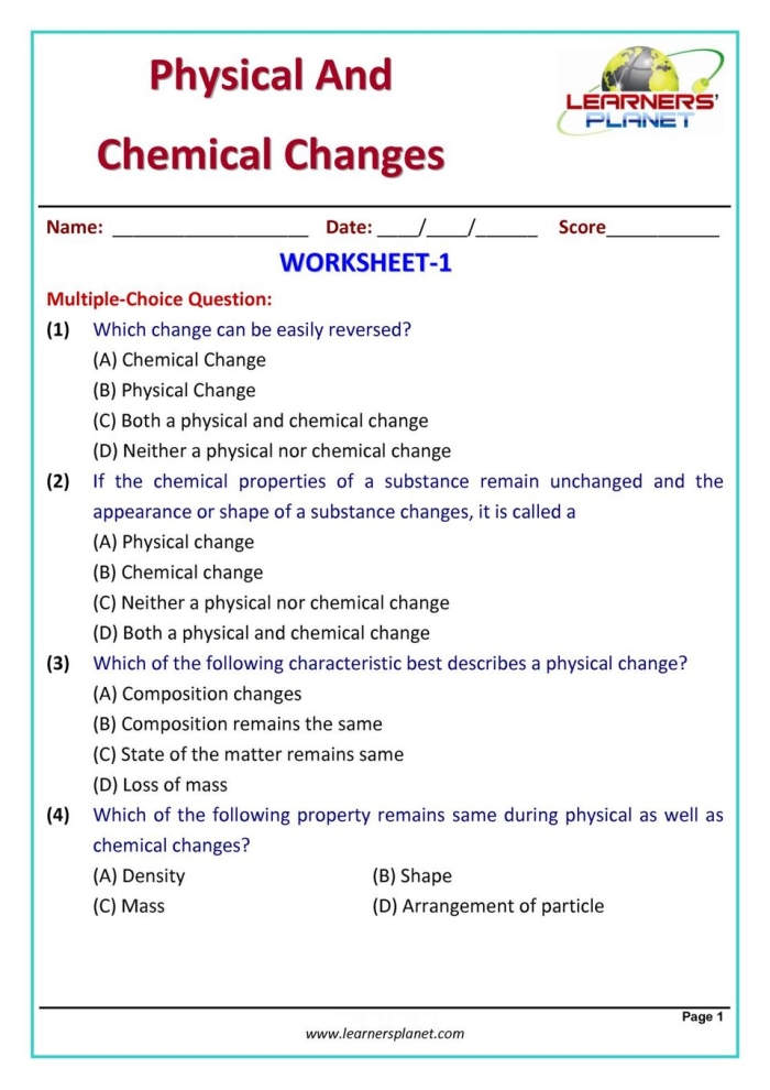 Worksheet illustrating the differences between chemical and physical changes for third graders