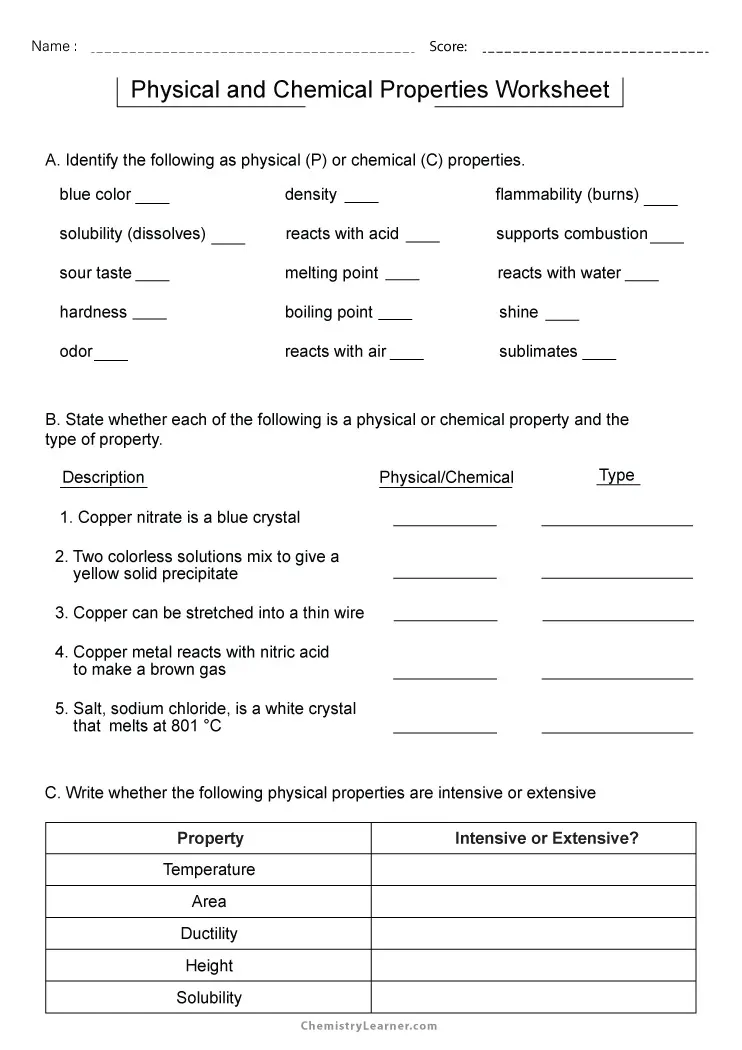 Worksheet illustrating the differences between chemical and physical changes for third graders