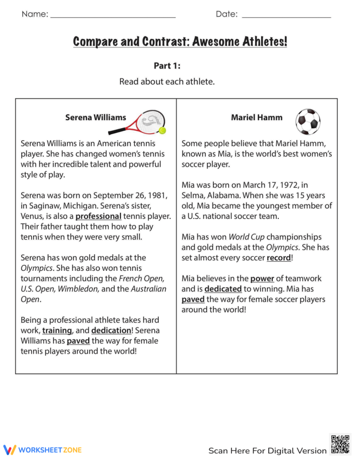 Worksheet for comparing and contrasting influential female athletes in sports