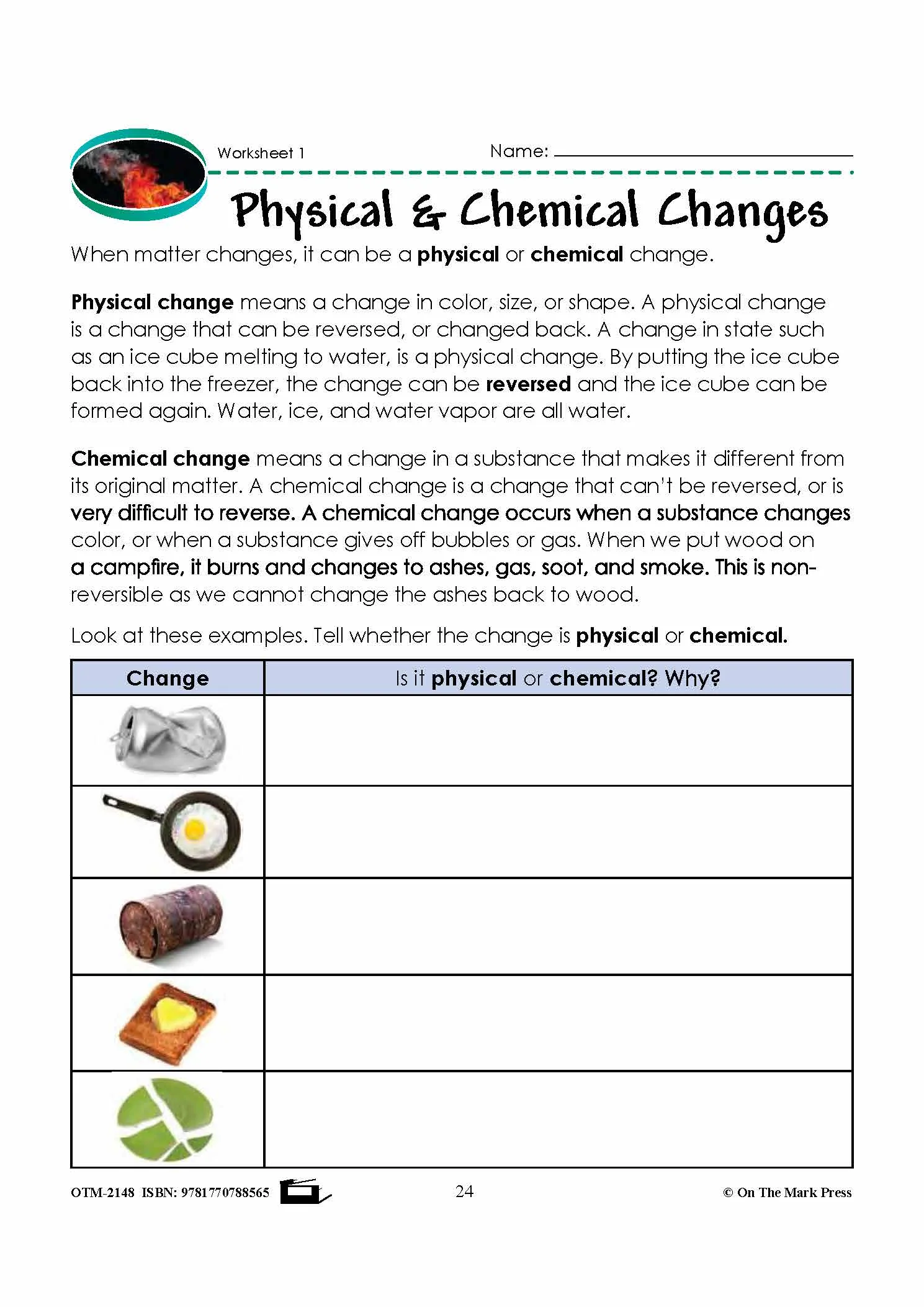 Worksheet illustrating the differences between chemical and physical changes for third graders