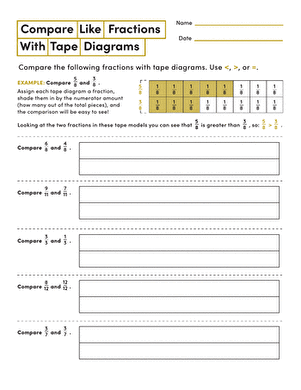 Comparing Like Fractions With Tape Diagrams Worksheet 19 Third grade student using tape diagrams to compare like fractions on a handwriting practice sheet