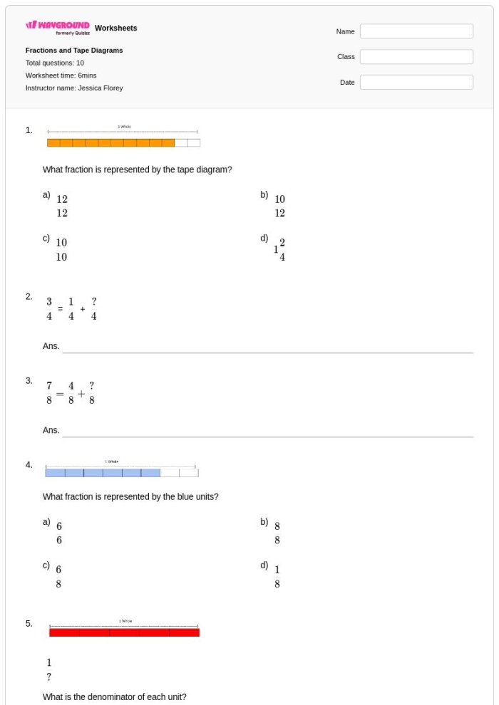 Visual fraction comparison activity using tape diagram models for elementary students Third grade worksheet showing tape diagrams used to compare fractions with the same denominator