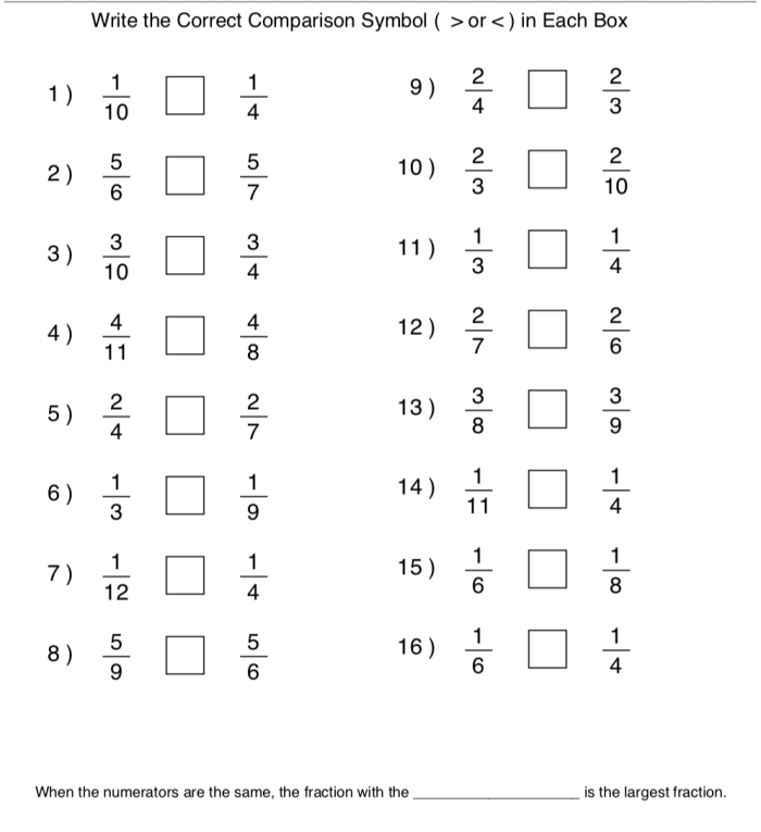 Visual fraction comparison activity using tape diagram models for elementary math practice Third grade worksheet showing tape diagrams used to compare fractions with the same denominator
