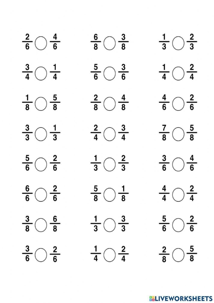 Comparing Like Fractions Visual Learning Activity for Elementary Students Third grade students using tape diagrams to compare pairs of fractions with visual models on a practice worksheet