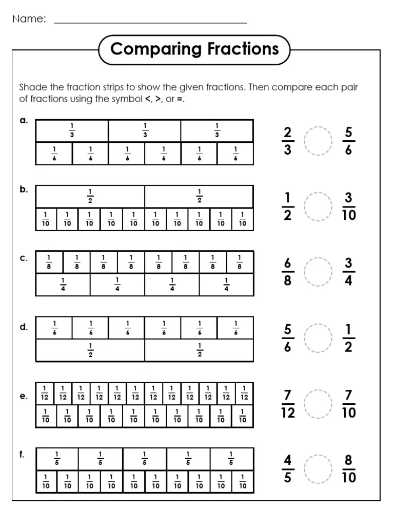Image 4 of comparing like fractions using tape diagram strategy for elementary students Third grade worksheet showing tape diagrams used to compare pairs of fractions with visual modeling techniques