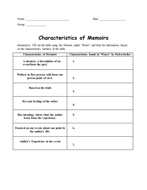 Sixth grade graphic organizer worksheet for comparing biographies autobiographies and memoirs