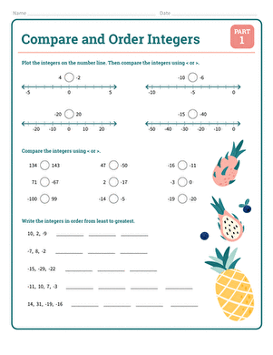 Compare and Order Integers Part 1 worksheet for enhancing number theory skills Worksheet for comparing and ordering positive and negative integers for sixth graders
