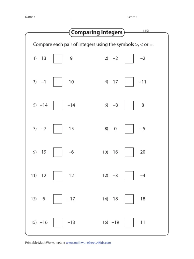 Compare and Order Integers Part 1 Worksheet for Grade 6 Students Worksheet featuring exercises on comparing and ordering integers for sixth graders