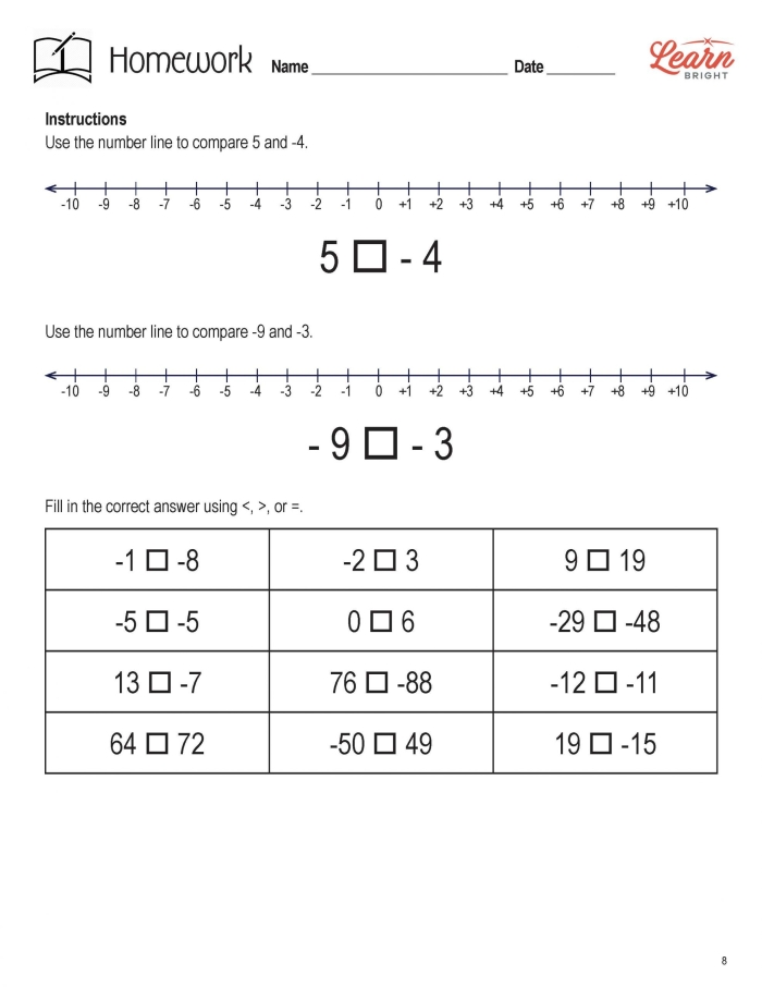 Compare and Order Integers Part 1 worksheet for enhancing number theory skills Worksheet for comparing and ordering integers, featuring positive and negative numbers for sixth graders