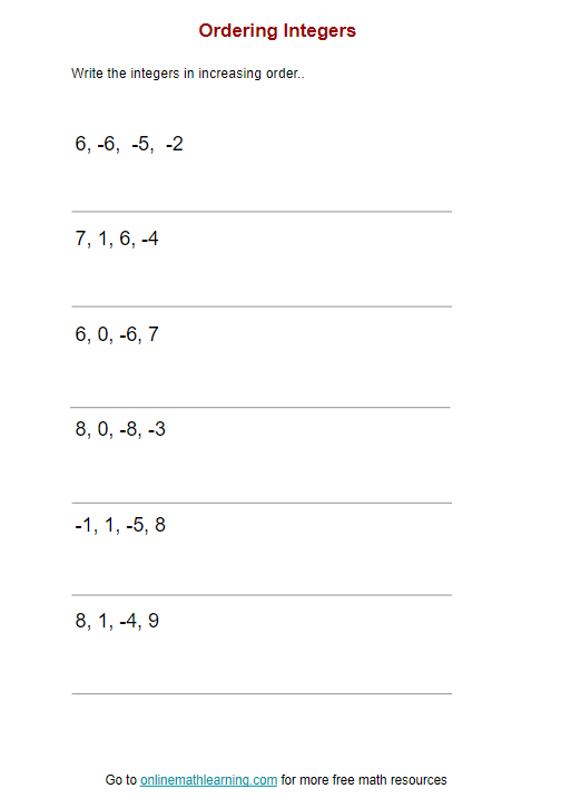 Compare and Order Integers Part 1 Worksheet for 6th Grade Math Students Sixth grade worksheet for comparing and ordering positive and negative integers part 1