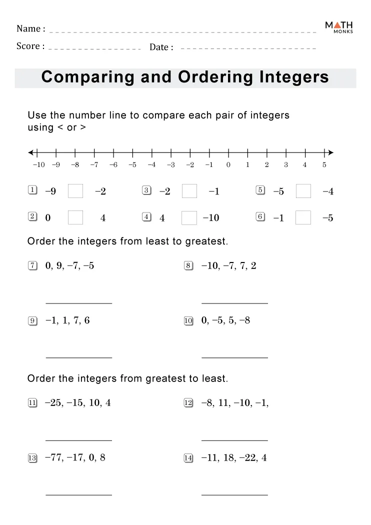 Compare and Order Integers Part 1 Sixth Grade Math Worksheet Sixth grade math worksheet for comparing and ordering positive and negative integers